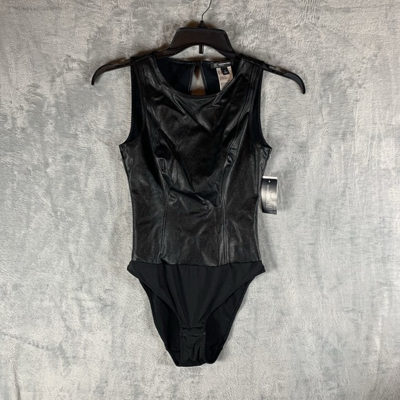 INC International Concepts Tops - INC Women's Bodysuit Small Faux Leather Black Crew Neck Keyhole Back Rockabilly